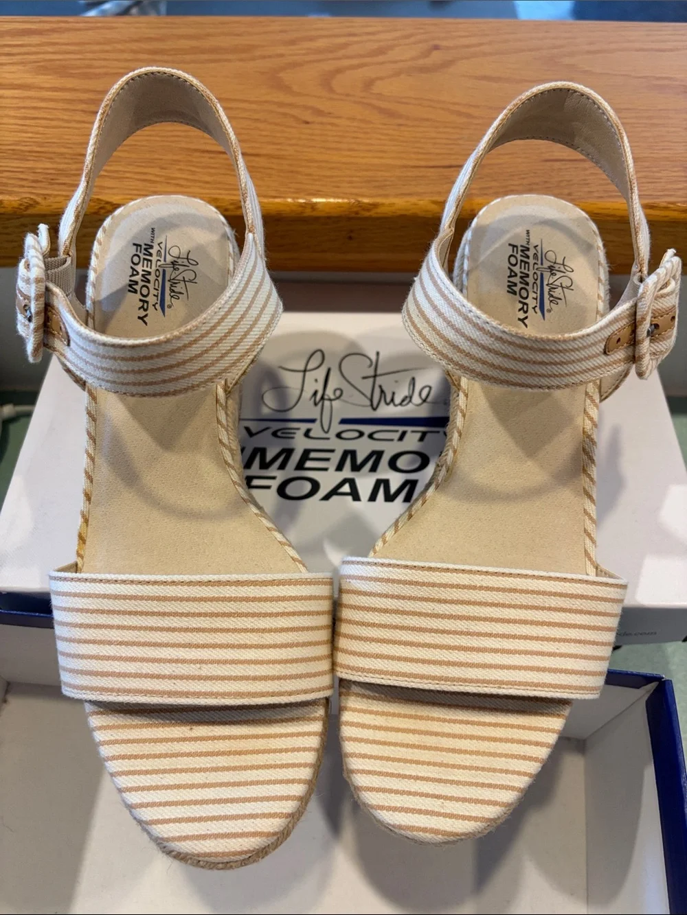 Life Stride Beige and White Striped Espadrille Wedge Sandals